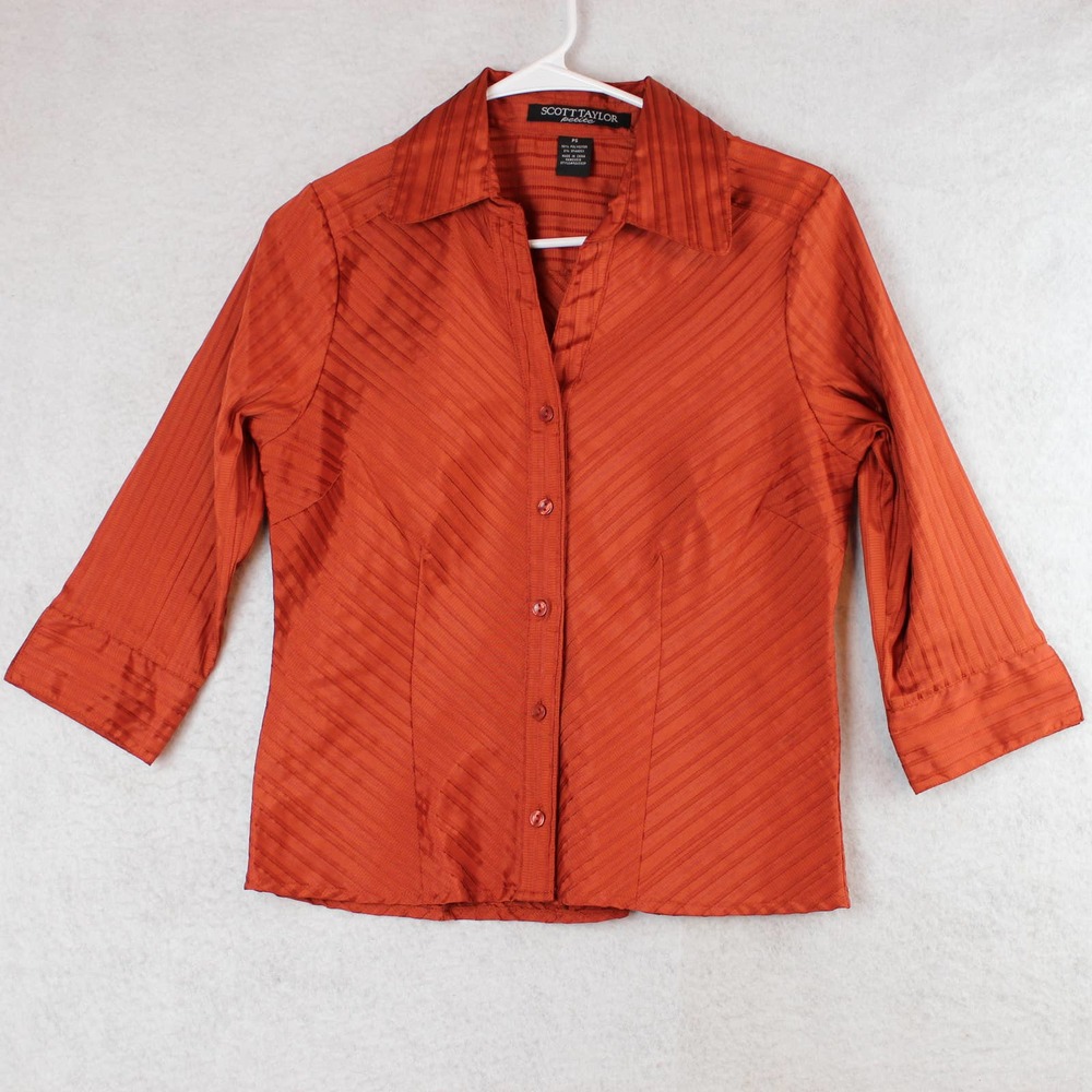 Scott Taylor Sm Petite Top Burnt Orange Textured Blouse Spread Collar 3/4 Sleeve